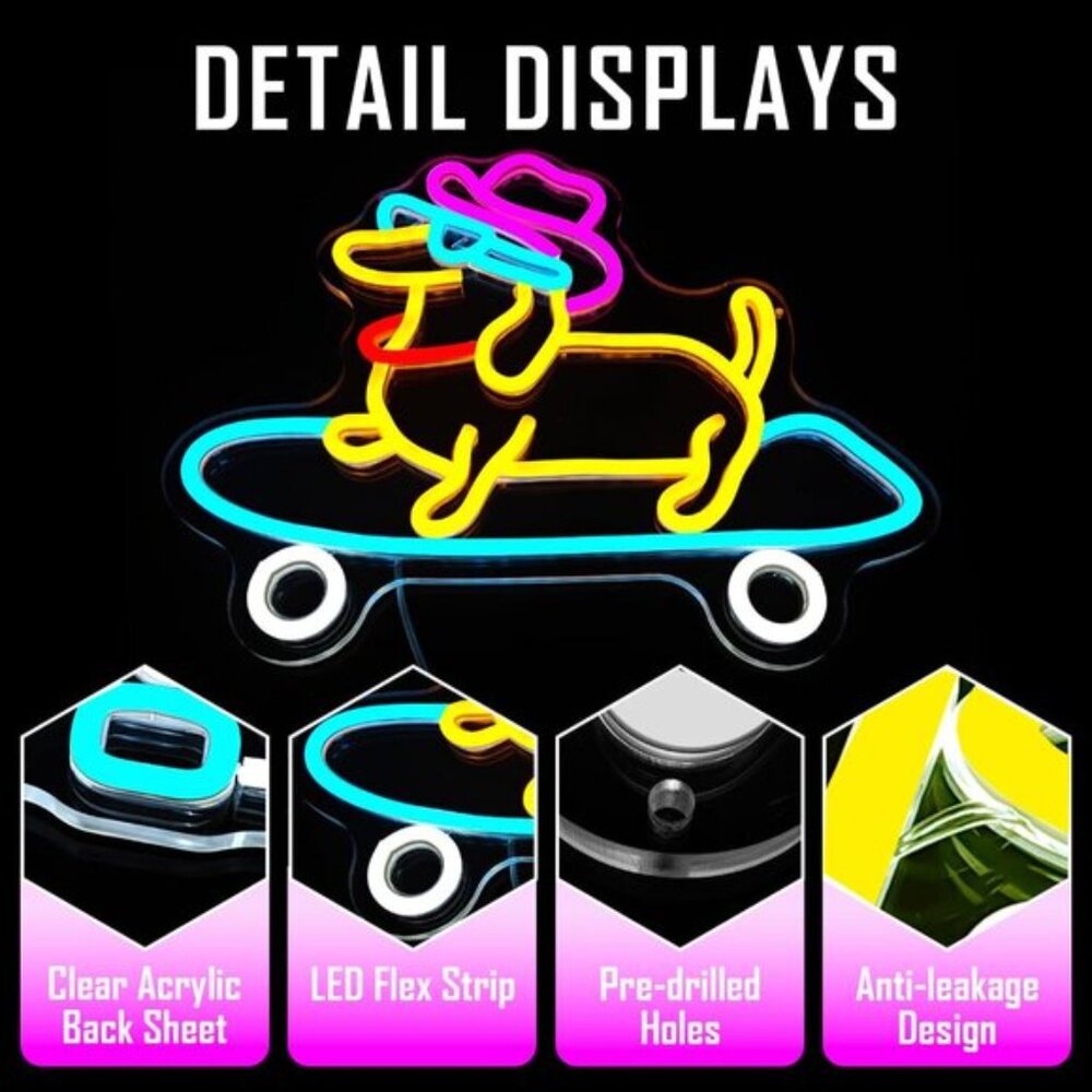 New Skateboard Dog Neon Sign, Dimmable LED Wall Light for Room Decor & Pet Shop - Picture 6 of 7